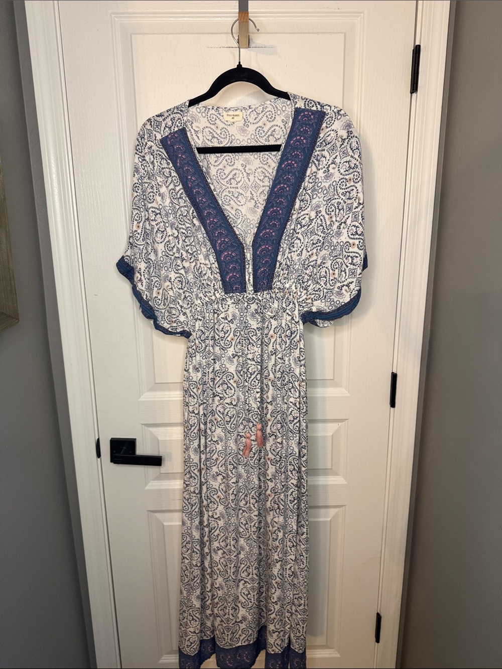 Cost Plus World Market White and Blue Paisley V-Neck Maxi Dress with Trim
